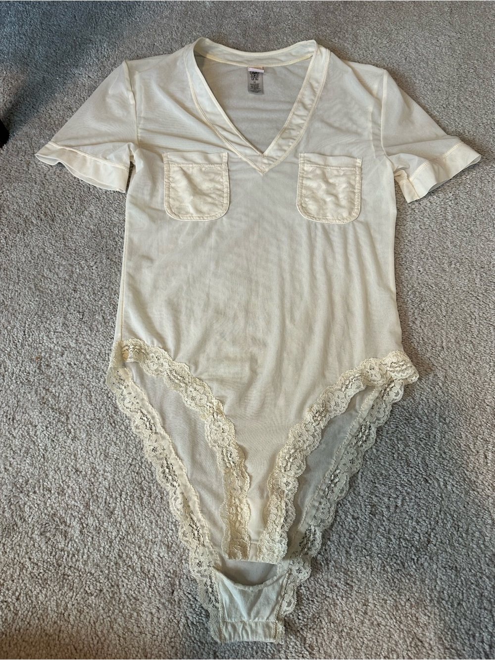 We Are HAH Ivory Lace Trim V-Neck Bodysuit Size M Organic Cotton